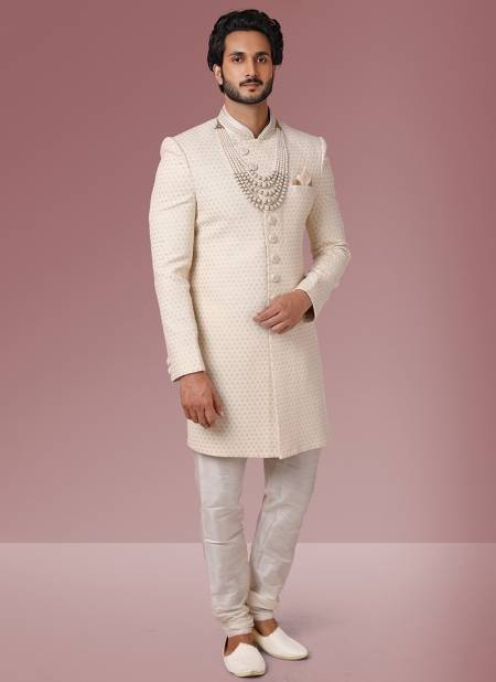 Cream Colour Heavy Wedding Wear Jacquard Banarasi Latest Indo Western Mens Collection 1101